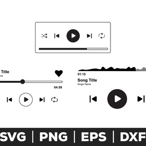 May include: Black and white vector graphic of music player interfaces. The designs include play, pause, skip, and shuffle controls, along with progress bars and song information. The bottom of the image displays the file types: SVG, PNG, EPS, and DXF.