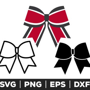 May include: Three different styles of bow designs. The first bow is red with black outlines. The second bow is black with white outlines. The third bow is white with black outlines.