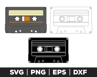 May include: A set of three cassette tape illustrations in different styles. The first is a full-colour illustration of a cassette tape with a beige label and orange tape. The second is a black and white outline of a cassette tape. The third is a black silhouette of a cassette tape.
