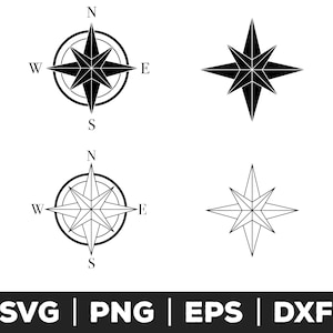 May include: Black and white illustrations of compass rose designs. Two compass roses are in a circular frame with directional indicators. Two additional star-shaped designs are also shown. The bottom of the image displays the text "SVG | PNG | EPS | DXF".