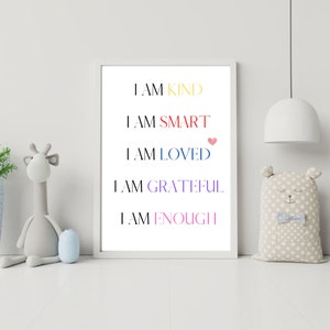 Affirmations Wall Art For Kids, I Am Kind I Am Smart, Rainbow Nursery Decor Printable,I Am Loved Sign, Playroom Decor, Kids Bedroom Decor