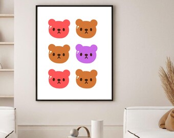 Bear Nursery Print, Kids Room Decor, Animal Faces (Digital Download)