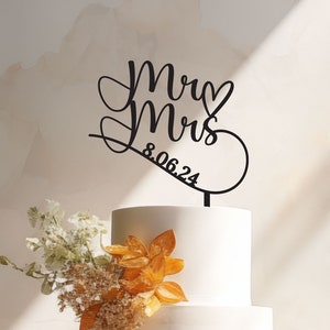 Adorno para tarta de boda personalizado / Sr. Corazón Sra. + Fecha / Adornos para boda / Acrílico o madera