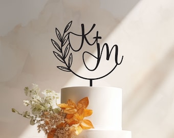 Personalized Floral Initials Wedding Cake Topper | Scripted | Wedding | Engagement Toppers | Acrylic or Wooden