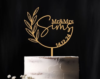 Personalized Floral Wedding Cake Topper | Mr & Mrs with Script Surname + Date | Wedding Toppers | Acrylic or Wooden