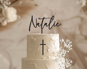 Custom Name + Cross Cake Topper Combo | Cake Plaque | Christening | Baptism | Communion | Religious Event