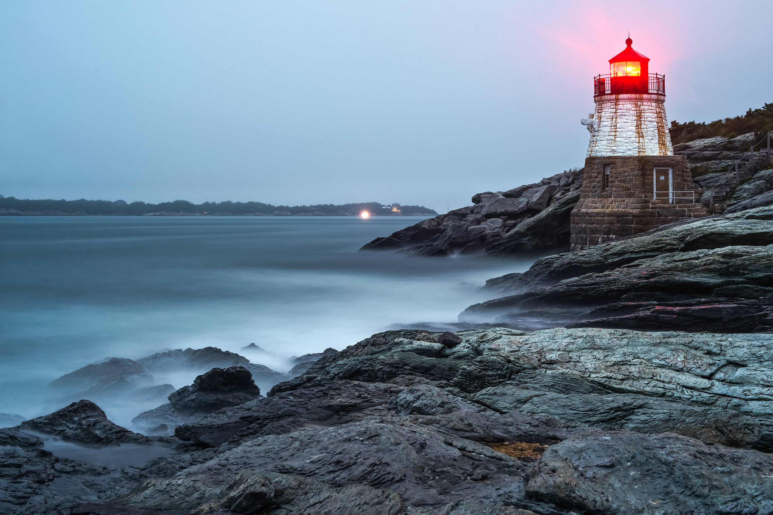 Misty Castle Hill Light, Newport Rhode Island, Light House, New England Rocky Shores