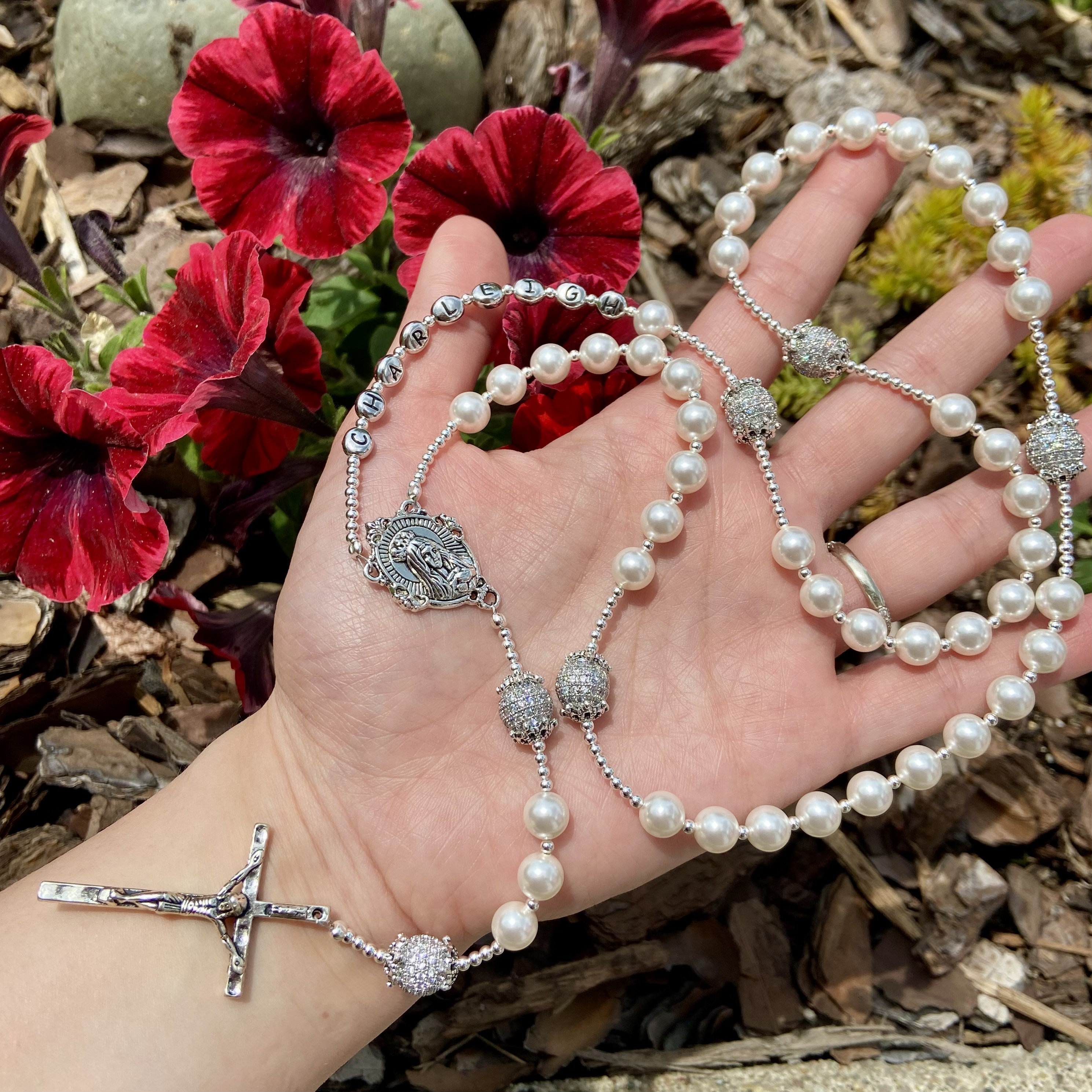 Modern Silver Rosary, Swarovski Crystal White Pearl, Cz Pave Crystal ...