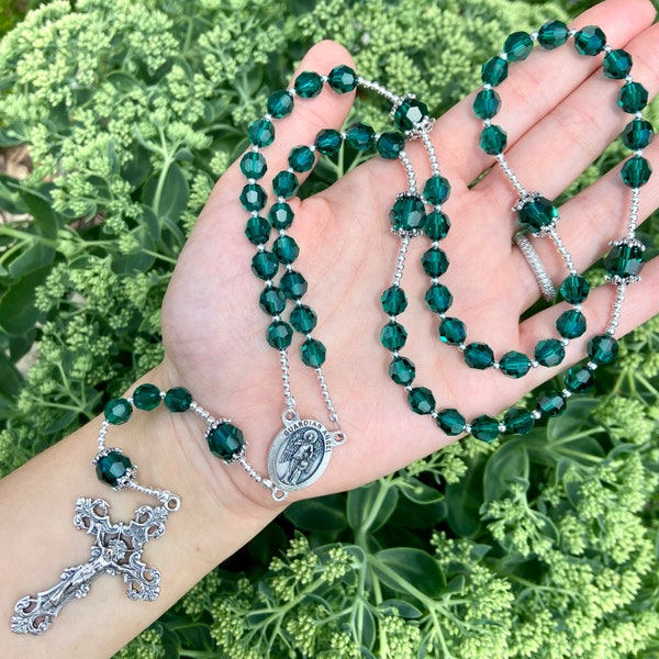 May Birthstone Emerald Crystal Rosary, Italian Rosary Parts, Guardian Angel Gifts, Personalized Christian Gifts, Handmade Memorial Rosaries