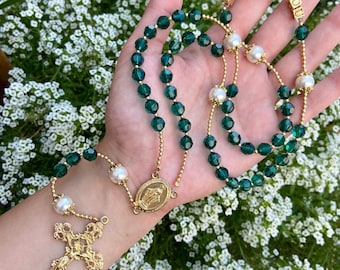 Emerald Austrian Crystal Rosary, White Austrian Pearl, May Green Birthstone Gift, Handmade Catholic Gift, Memorial Keepsake Prayer Beads