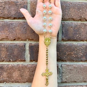 Timeless Swarovski 10mm Pearl Gold Car Rosary, Guardian Angel, Auto Protection, Handmade Catholic Gift, Handmade Gift for Christian