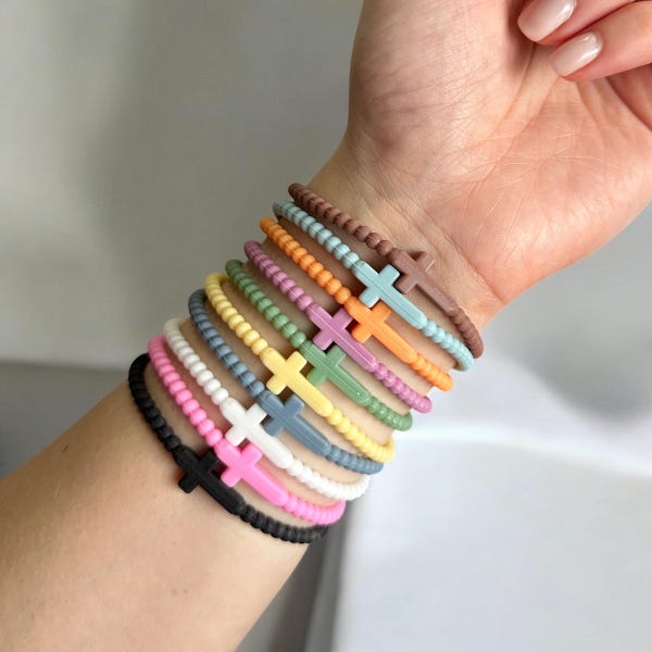Unisex Silicone Cross Bracelet for Kids and Adults, Christian Faith Bracelet, Stretchy Modern Colors, Custom Bracelet Set, Catholic Religion