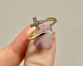God is Love Ring, Catholic Gift for Mom, Gift for Daughter, Cz Heart Ring, Gold Cross Rings, Christian Jewelry, Dainty Gold Ring