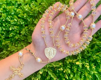 Rosario de lujo de cristal dorado, regalo de boda para la novia, regalo de confirmación, resistente al deslustre, cuentas de cristal austriaco, regalo religioso para ella.