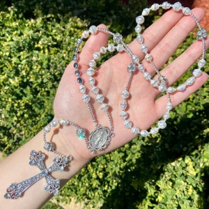 Freshwater Rhinestone Pearl Rosary, Handmade Catholic Gift, Wedding Gift for Couple, Personalized Prayer Beads, Memorial Keepsake for Bride