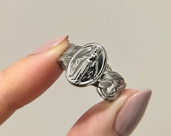 Virgin Mary Silver Chain Ring, Blessed Mother, Christian Jewelry, Religious Faith Rings, Catholic Gift For Her, Miraculous Medal