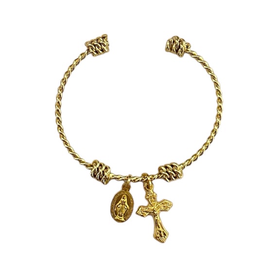 Catholic Twisted Cuff 18K Classic Gold Plated Dainty Bangle Bracelet Virgin Mary and Crucifix Charm Gift for Her Religious Jewelry