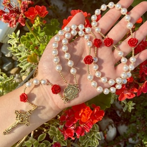 Red Rose White Austrian Pearl Rosary Beads Handmade Gift For Her Christening Holy Communion Catholic Flower Girl Wedding Gift For Bride