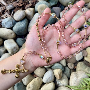 Vintage Rose Crystal Rosary, Catholic Gifts, Personalized Rosary Beads, Modern Gift for Her, Sacred Heart, Antique Gold, Clear Ab Crystals