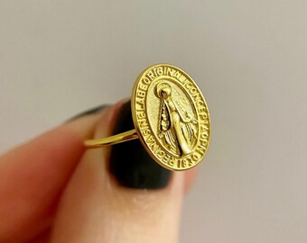 Golden Virgin Mary Adjustable Ring 100% 925 Sterling Gold Plated | High Quality Catholic Jewelry Miraculous Mother