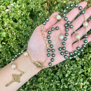 Green Scarabeaus Pearl Rosary, Personalized Catholic Gifts, Christening Gift, First Holy Communion, Religious Gifts for Him