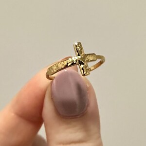 Dainty 14k Gold Plated Cross Ring Hammered Adjustable Catholic Gift for Her Sister Mother Wife Minimalist Delicate Unique Religious Gift
