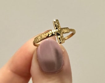 Dainty 14k Gold Plated Cross Ring Hammered Adjustable Catholic Gift for Her Sister Mother Wife Minimalist Delicate Unique Religious Gift
