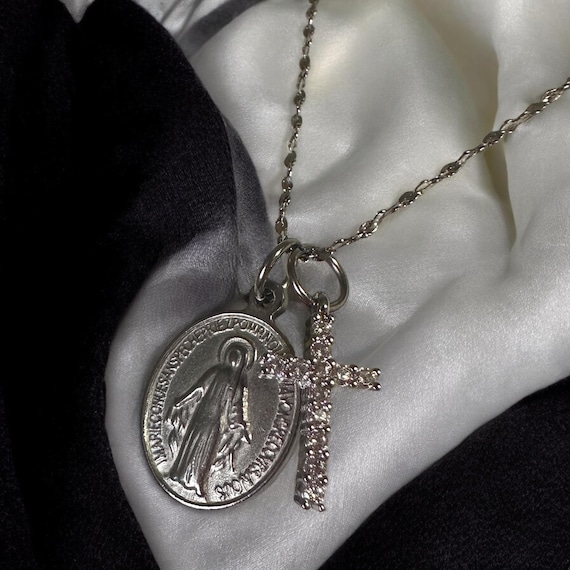 Virgin Mary With Cross Necklace, Religious Necklace, Silver Plated