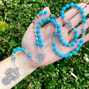 Aqua Blue Preciosa Pearl Rosary, Personalized First Holy Communion Gift, Something Blue Wedding Gift for Bride, Baptism Gift for Him