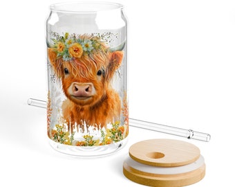 Highland, Highland Cow Glass Cup, Cow, Custom Beer Can Glass Lid, Cow Gift Glass can, Coffee Glasses, Iced Coffee Glass