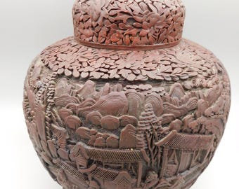 Antique Chinese 19th century Cinnabar Ginger Jar beautifully carved