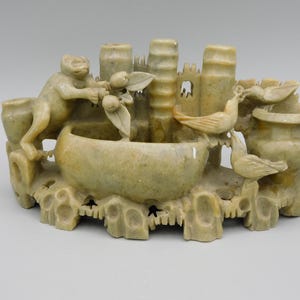 Antique Chinese carved soapstone sculpture with birds and monkey 1900