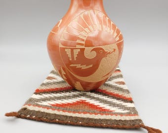 Jemez Pottery Alvina Yepa Avanyu Pottery Vase with feather design