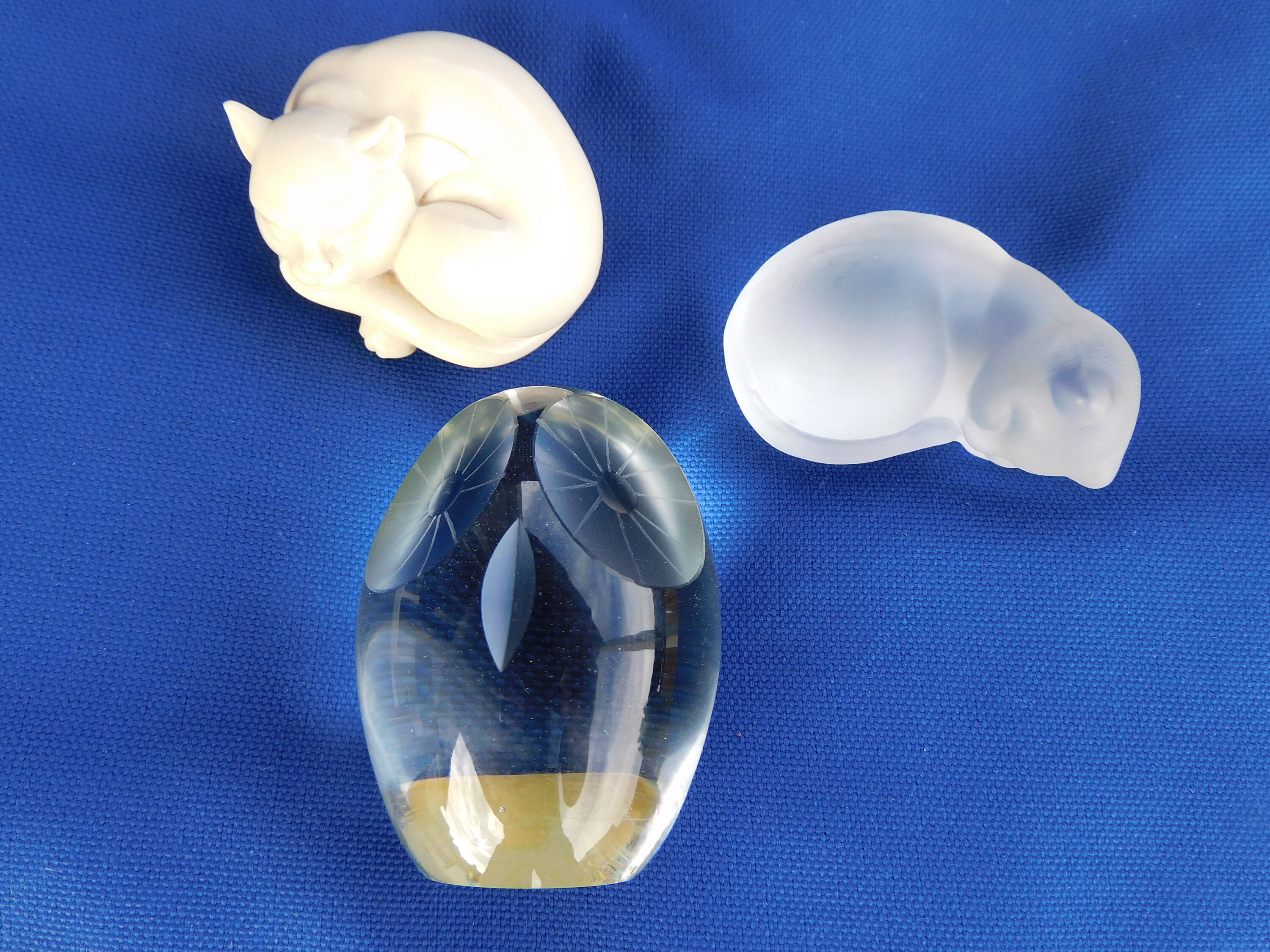 Two Vintage Cat Figures and One crystal Owl