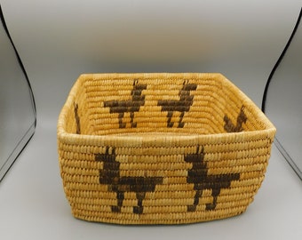 Vintage Tohono O'odham Papago Basket square with animals surrounding basket