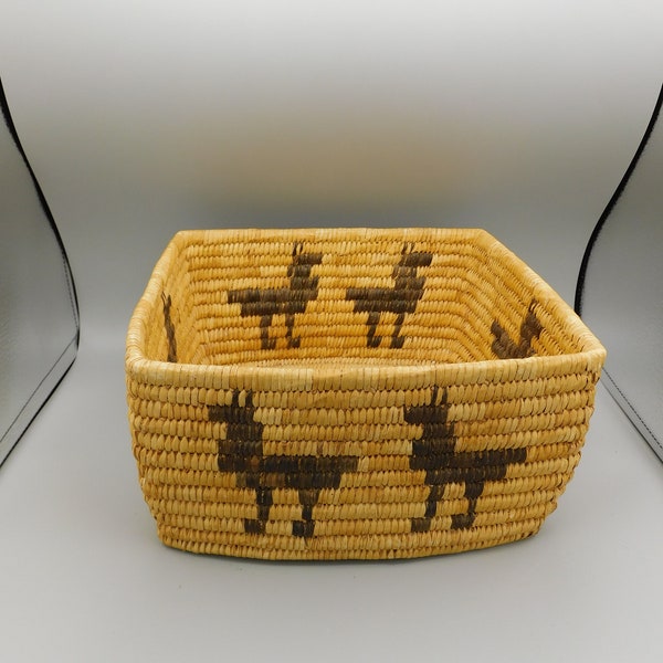 Vintage Tohono O'odham Papago Basket square with animals surrounding basket