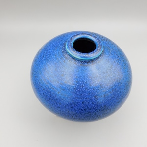 May include: A round, blue ceramic vase with a speckled texture. The vase has a wide, circular opening at the top and a slightly lighter blue rim. The overall shape is spherical, with a smooth, glossy finish. The vase is a decorative item.