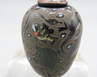 Mike  Jennifer Moquino pottery finely carved Lidded Miniature with frogs fish turtle snakes Santa Clara Pottery