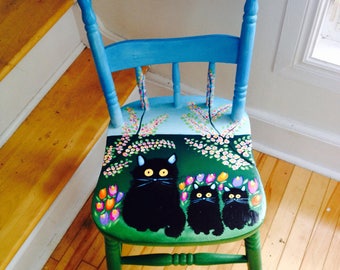 MAUD LEWIS inspired hand-painted chair!! "Three Cats"!