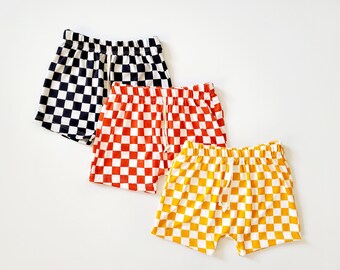 Checker Shorts, Baby, Toddler, Kids, Everyday Play Shorts, Black and White Checkered, Checkerboard Print, Mustard, Burnt Orange