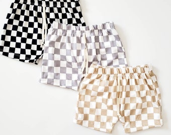 Checker Shorts, Baby, Toddler, Kids, Everyday Play Shorts, Black and White Checkered