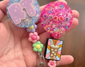 Girly Bright Badge Reel Beaded Coloful Flower Smiley Face: Retractable ID Holder