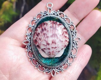 Sea Shell Epoxy Resin Pendant Necklace with Silver Bezel