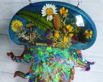 Real mushroom and mixed nature, iridescent jellyfish wall art