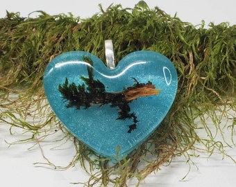 Small Heart Resin Pendant with a Teeny Tiny Moss Covered Tree Branch