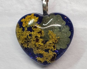 Majestic Lichen and Leaf Heart Resin Pendant