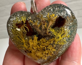 Majestic Wolf Lichen Heart Shaped Resin Pendant