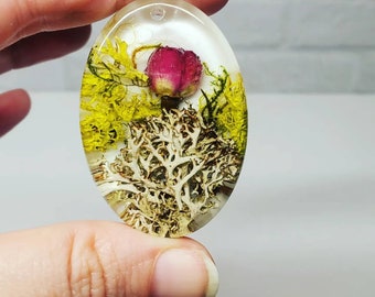 Real Tiny Rose and Mixed Oregon Lichens, Epoxy Resin Pendant Necklace