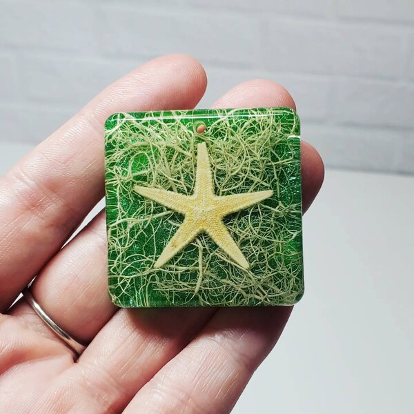 Real Starfish, and Lichen, Epoxy Resin Pendant Necklace