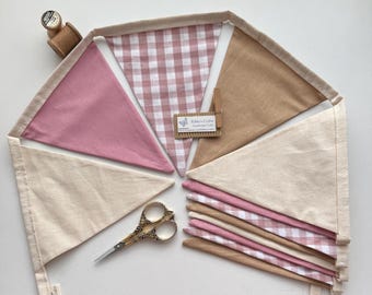 Bunting Fabric Banner Garland Flags Gingham Pink Beige Cream Nursery Decor